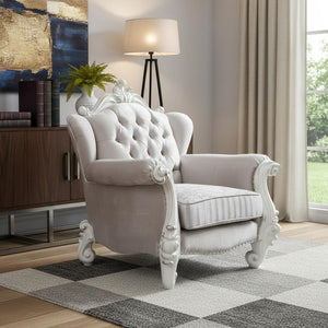 44" Ivory and Antiqued White Fabric Damask Tufted Chair and a Half And Toss Pillows