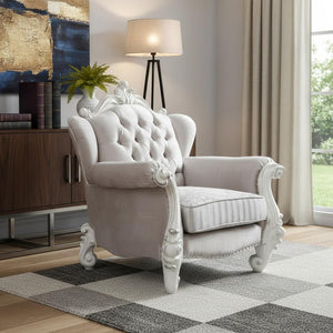 44" Ivory and Antiqued White Fabric Damask Tufted Chair and a Half And Toss Pillows