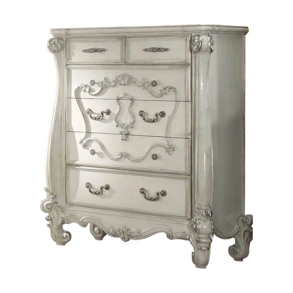 47" White Carved Scrollwork Solid Wood Five Drawer Dresser