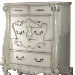 47" White Carved Scrollwork Solid Wood Five Drawer Dresser