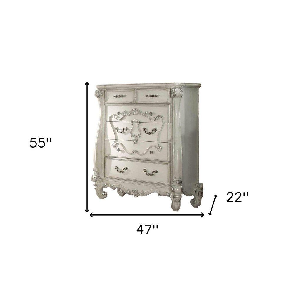 47" White Carved Scrollwork Solid Wood Five Drawer Dresser