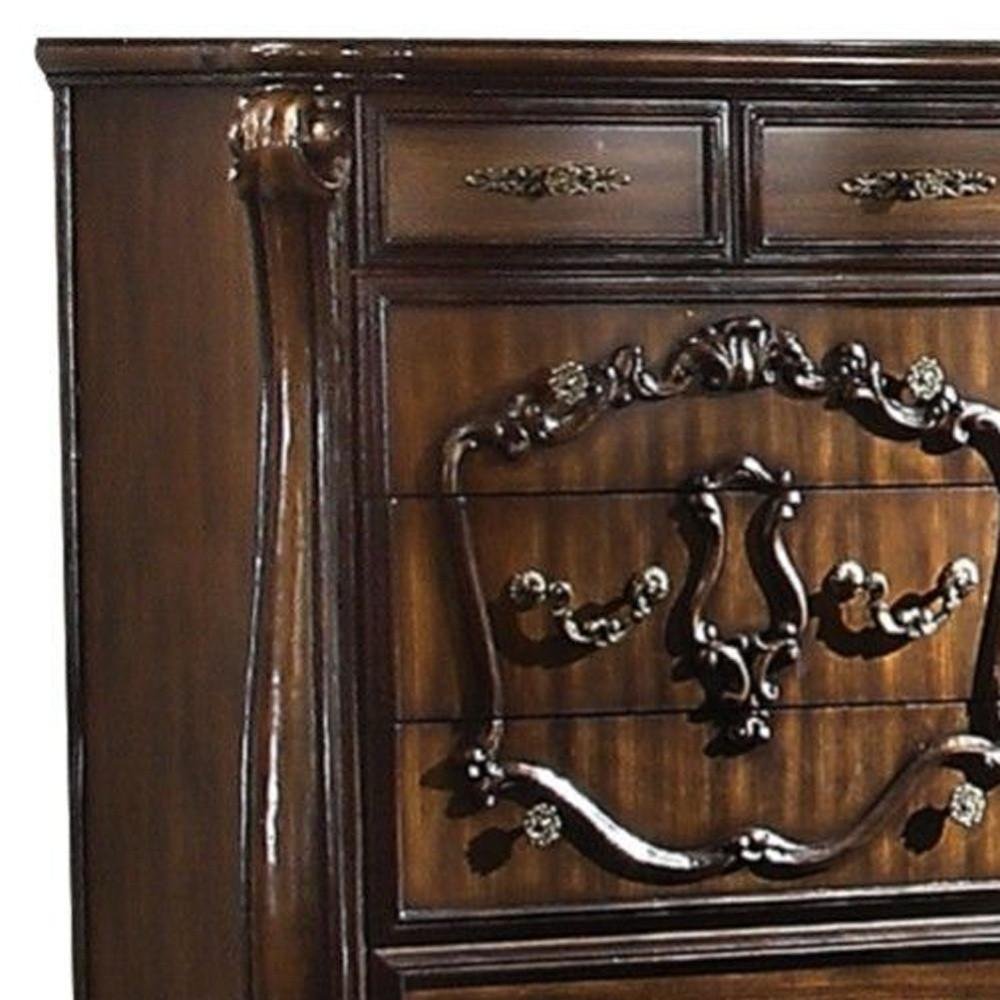 47" White Carved Scrollwork Solid Wood Five Drawer Dresser