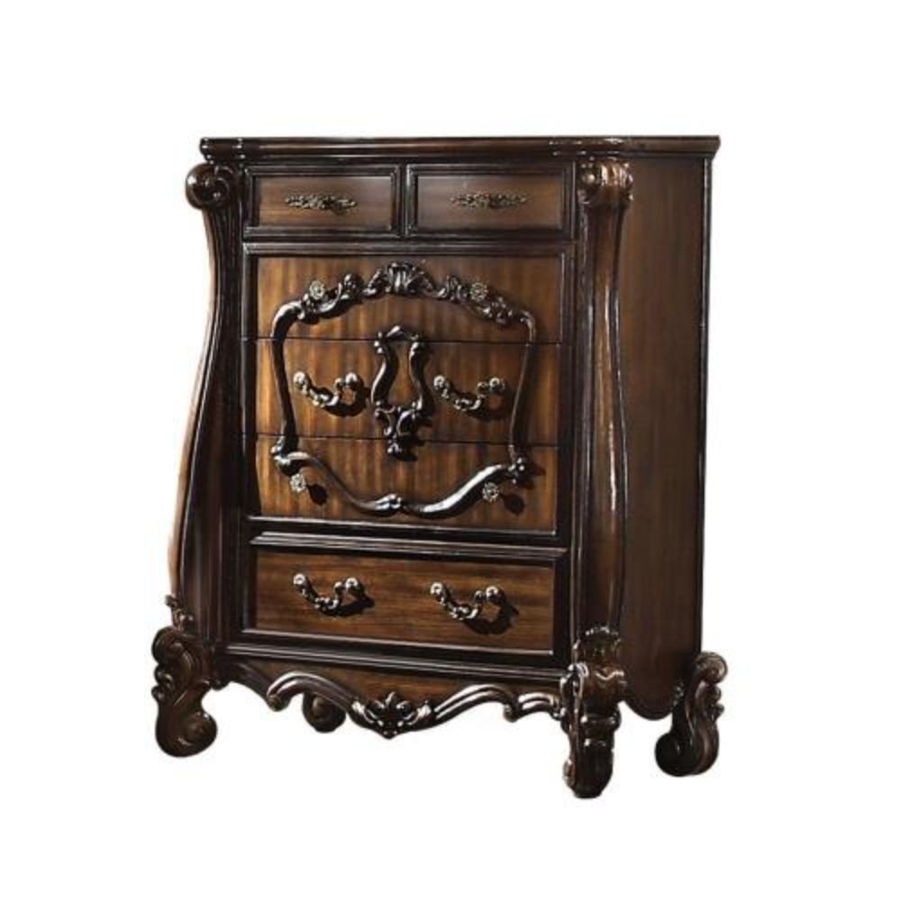 47" White Carved Scrollwork Solid Wood Five Drawer Dresser