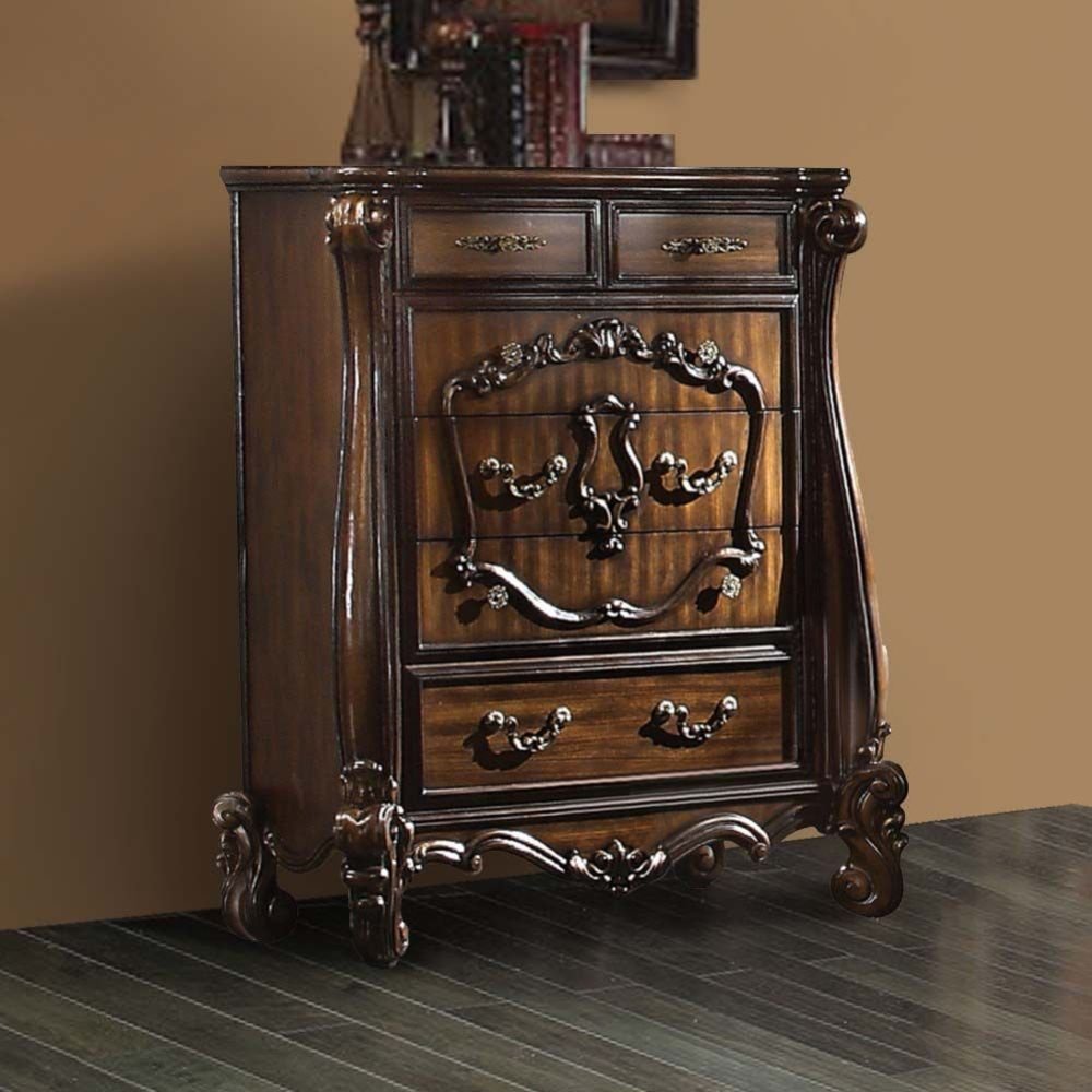47" White Carved Scrollwork Solid Wood Five Drawer Dresser
