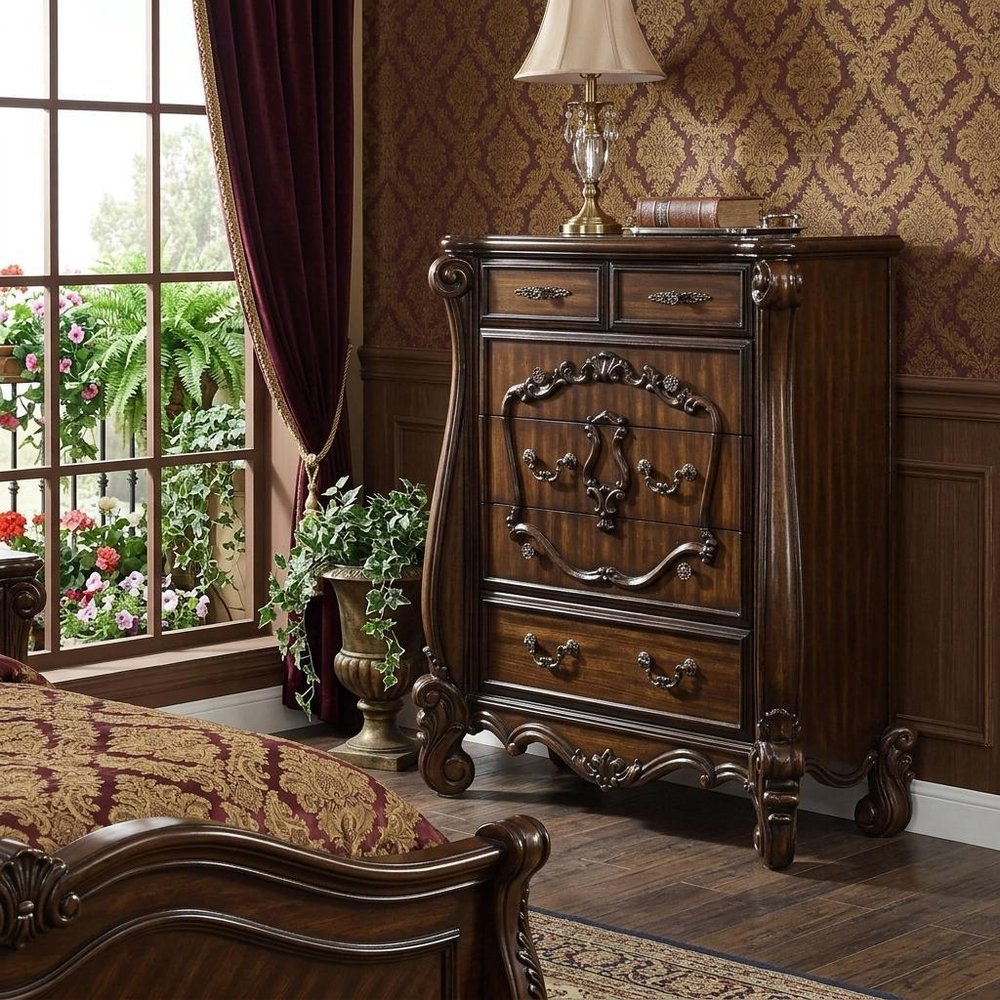 47" White Carved Scrollwork Solid Wood Five Drawer Dresser