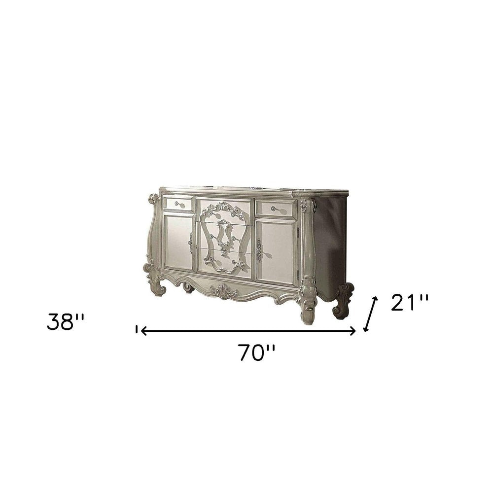 38" Bone Carved Scrollwork Solid Wood Two Door Five Drawer Combo Dresser