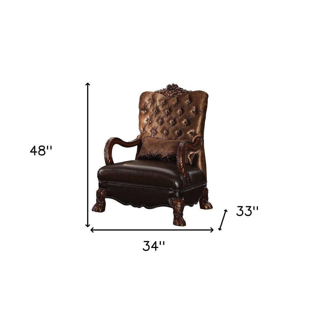 34" Golden Brown and Chocolate Velvet Tufted Arm Chair And Toss Pillow