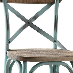 21" Brown And Sky Blue Solid Wood And Metal Bar Chair
