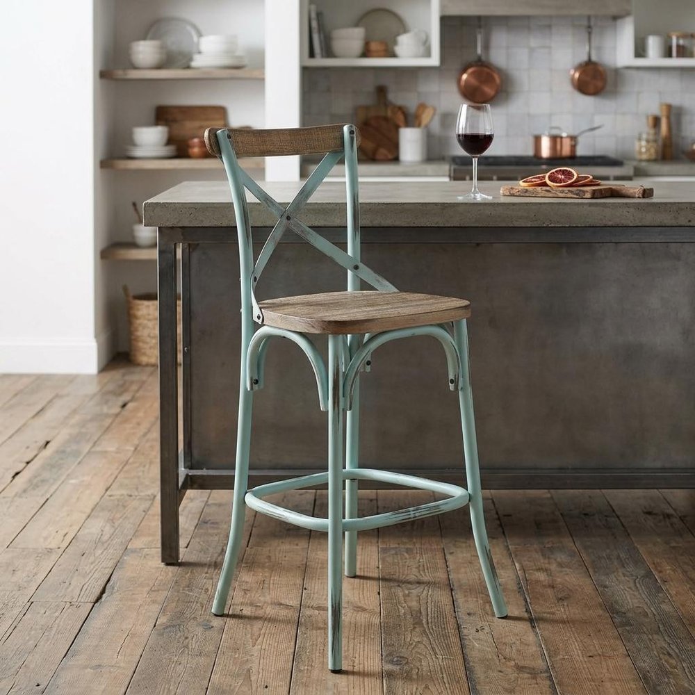 21" Brown And Sky Blue Iron Bar Chair