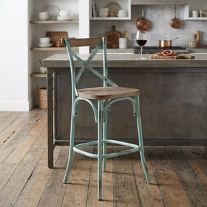21" Brown And Sky Blue Iron Bar Chair