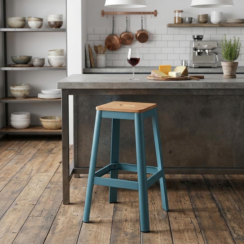 30" Wood Brown And Green Solid Wood And Metal Counter Height Bar Chair