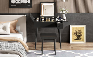 Couch.com Makeup Vanity Desk With Flip Top Mirror And LED Light, Dressing Table With Charging Station, 2 Drawers And Fold Up Panel, Vanity Set With Cushioned Stool For Bedroom Black, with Storage by Couch.com
