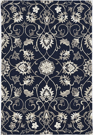 5' X 8' Navy Blue Round Floral Indoor Outdoor Area Rug