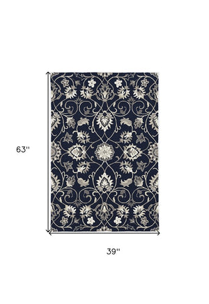 5' X 8' Navy Blue Round Floral Indoor Outdoor Area Rug