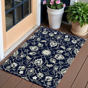 3' X 5' Navy Blue Floral Indoor Outdoor Area Rug