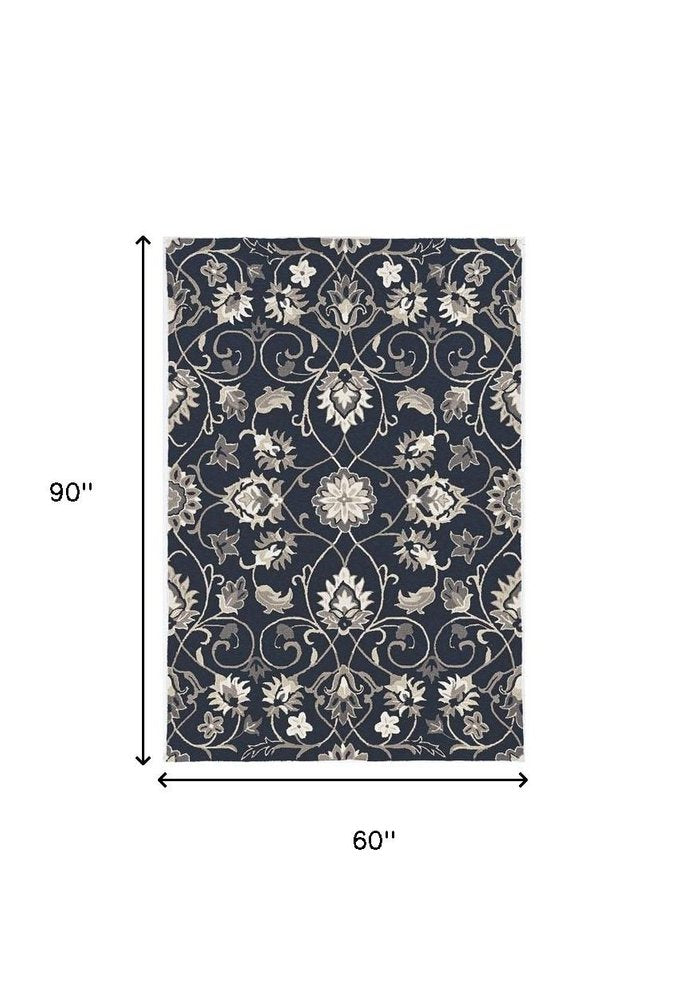 3' X 5' Navy Blue Floral Indoor Outdoor Area Rug