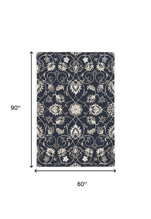 3' X 5' Navy Blue Floral Indoor Outdoor Area Rug
