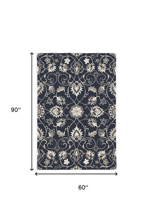 5' X 8' Navy Blue Round Floral Indoor Outdoor Area Rug