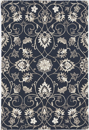 5' X 8' Navy Blue Round Floral Indoor Outdoor Area Rug