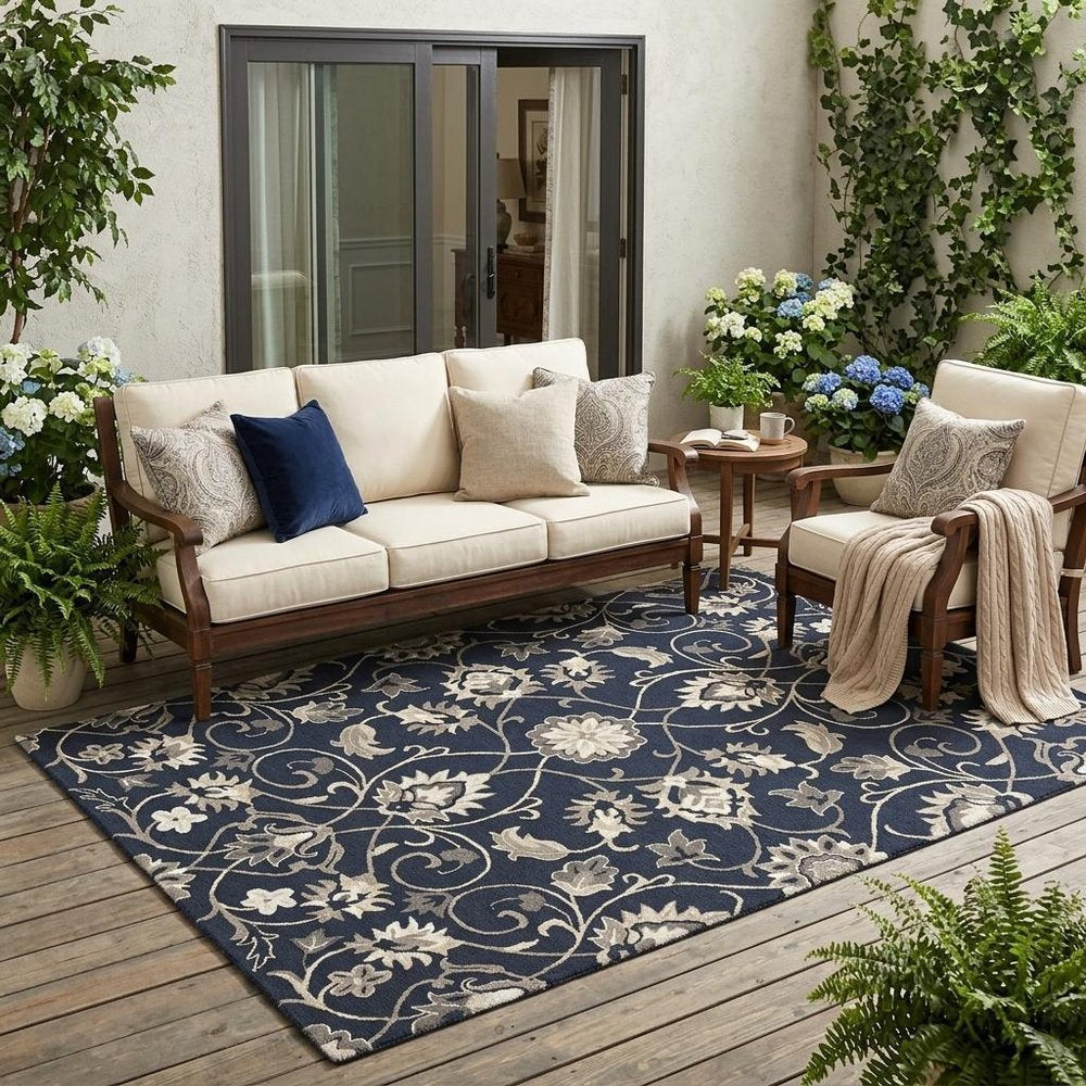 3' X 5' Navy Blue Floral Indoor Outdoor Area Rug