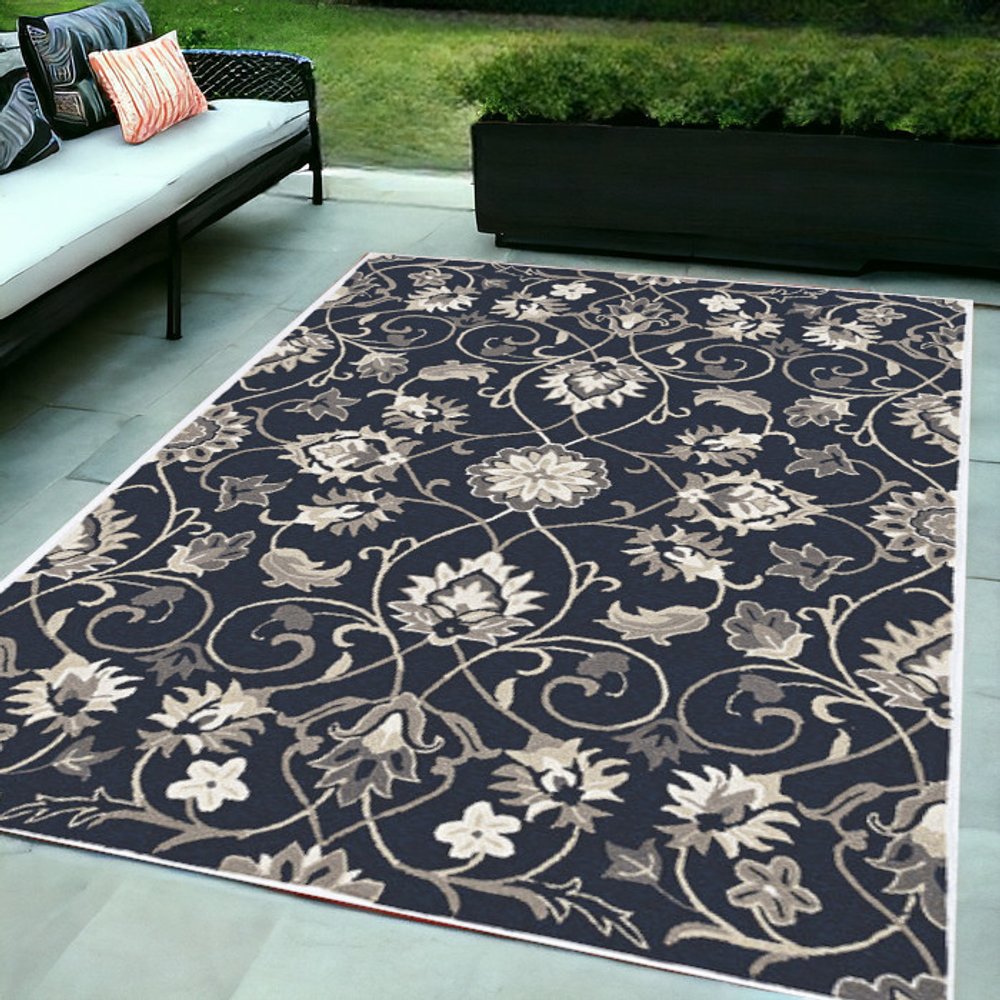 5' X 8' Navy Blue Round Floral Indoor Outdoor Area Rug