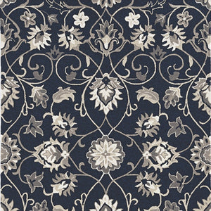 5' X 8' Navy Blue Round Floral Indoor Outdoor Area Rug