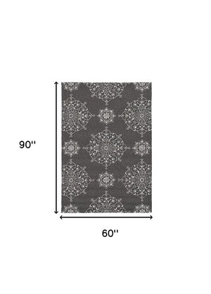 5' X 8' Charcoal Round Floral Indoor Outdoor Area Rug