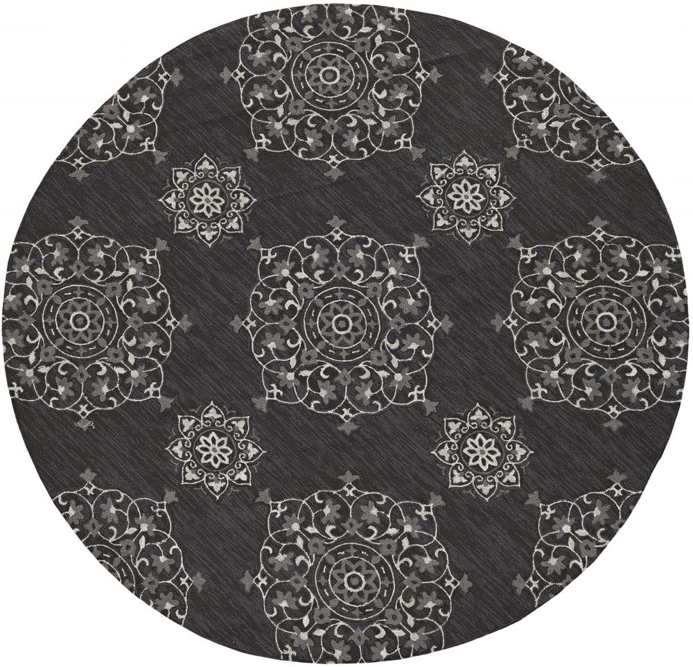 5' X 8' Charcoal Round Floral Indoor Outdoor Area Rug