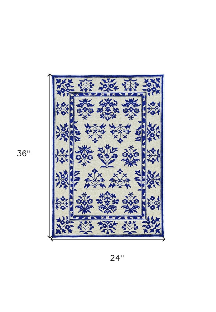 5' X 7' Sand Or Blue Floral Bordered Indoor Outdoor Area Rug