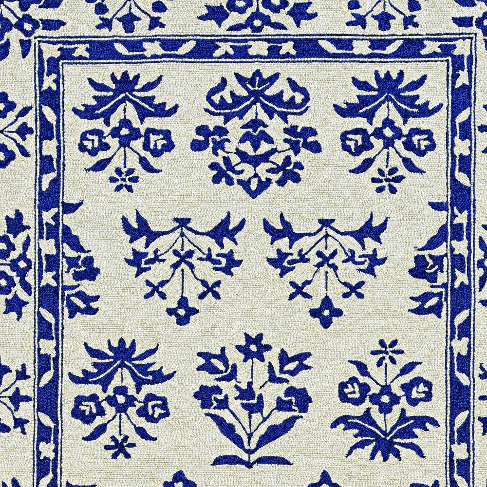 5' X 7' Sand Or Blue Floral Bordered Indoor Outdoor Area Rug