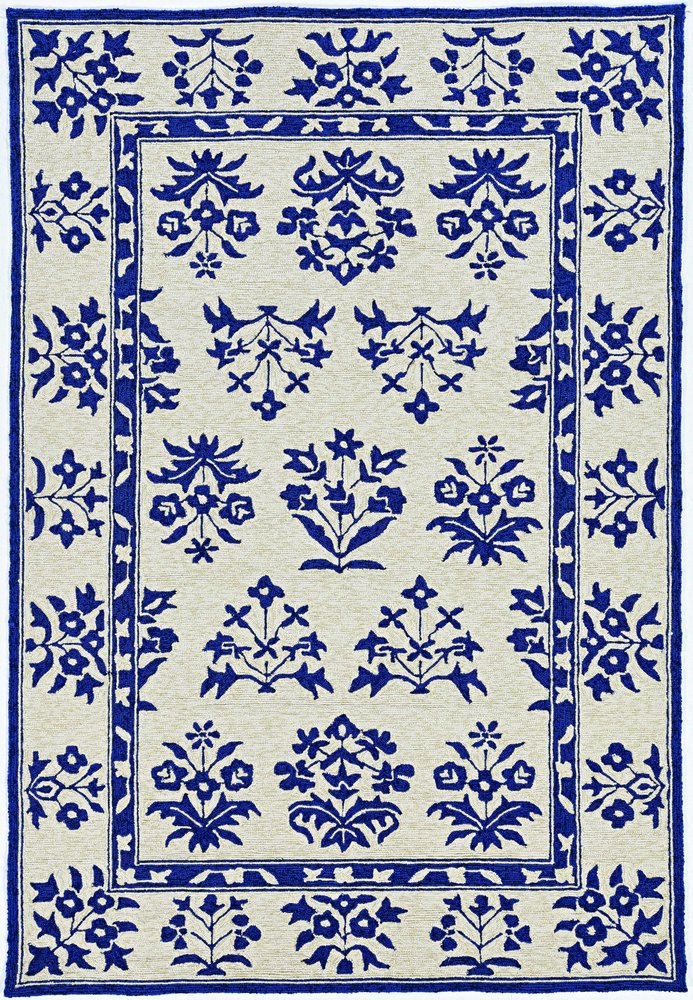5' X 7' Sand Or Blue Floral Bordered Indoor Outdoor Area Rug