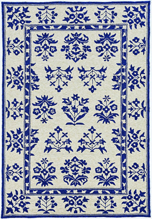 5' X 7' Sand Or Blue Floral Bordered Indoor Outdoor Area Rug