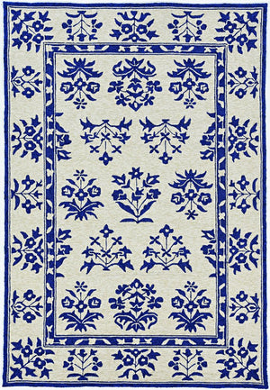 5' X 7' Sand Or Blue Floral Bordered Indoor Outdoor Area Rug