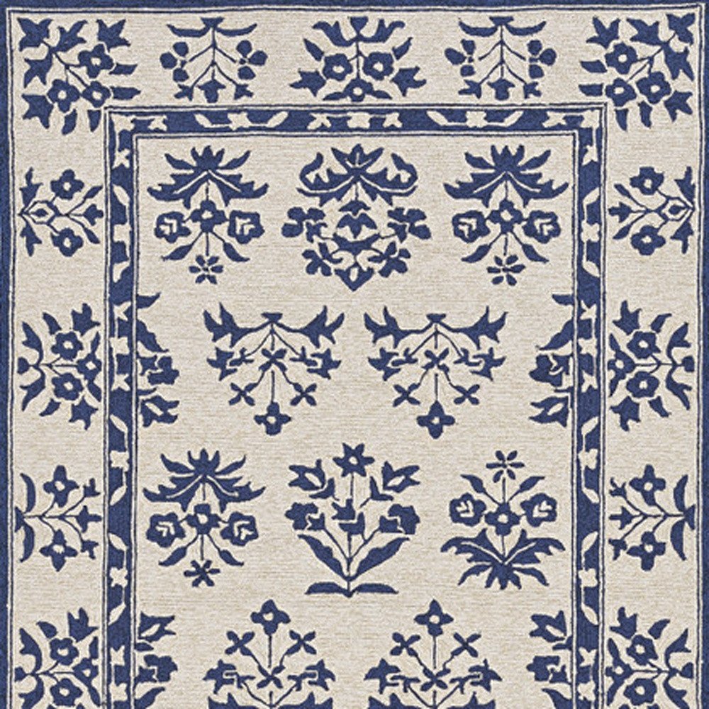5' X 7' Sand Or Blue Floral Bordered Indoor Outdoor Area Rug