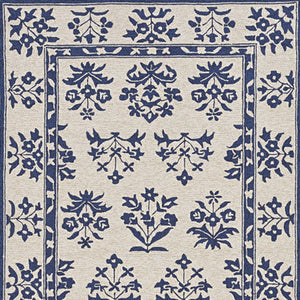 5' X 7' Sand Or Blue Floral Bordered Indoor Outdoor Area Rug
