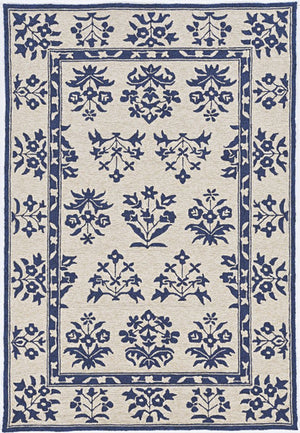 5' X 7' Sand Or Blue Floral Bordered Indoor Outdoor Area Rug