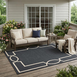 7' Onyx And Ivory Round Geometric Handmade Indoor Outdoor Area Rug