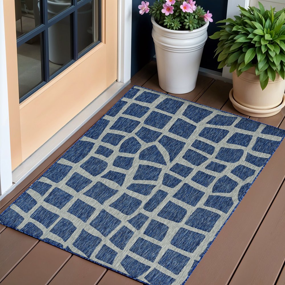 3' X 5' Blue And Gray Abstract Indoor Outdoor Area Rug