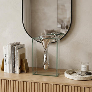 14" Clear Cylinder Aluminum And Crystal Glass Table Vase