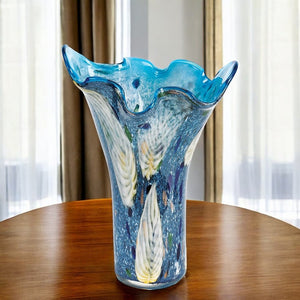 17" Blue And Green Cylinder Crystal Glass Table Vase