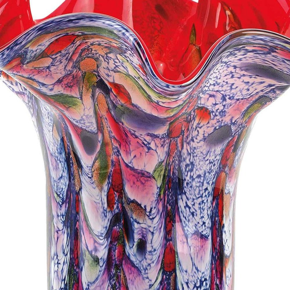 17" Blue Red And White Abstract Wavy Murano Glass Table Vase
