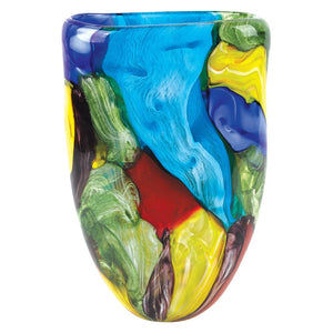 11" Blue Green Red And Yellow Cylinder Murano Glass Table Vase