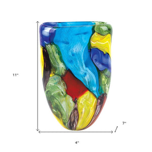 11" Blue Green Red And Yellow Cylinder Murano Glass Table Vase