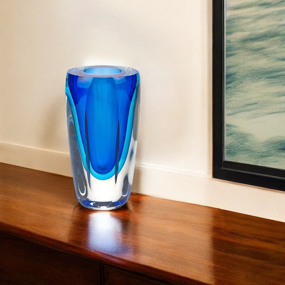 6" Blue And Clear Cylinder Crystal Glass Table Vase