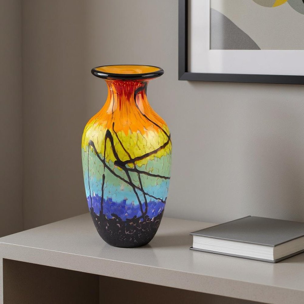 11" Black Blue Red And Yellow Abstract Urn Handblown Glass Table Vase