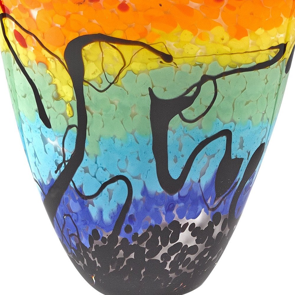 8" Red Orange Blue And Black Blue Abstract Oval Murano Glass Table Vase