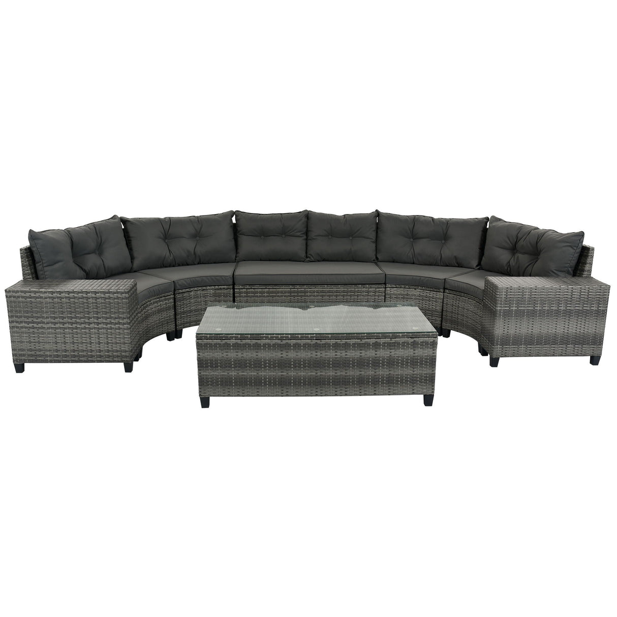 The 8 Pieces Outdoor Wicker Round Sofa Set features a half-moon sectional with gray wicker and dark cushions, including a curved sofa and a rectangular glass-top coffee table. This all-weather PE rattan set offers ample seating and serving space, ideal for patios or gardens.
