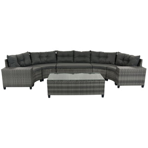 The 8 Pieces Outdoor Wicker Round Sofa Set features a half-moon sectional with gray wicker and dark cushions, including a curved sofa and a rectangular glass-top coffee table. This all-weather PE rattan set offers ample seating and serving space, ideal for patios or gardens.