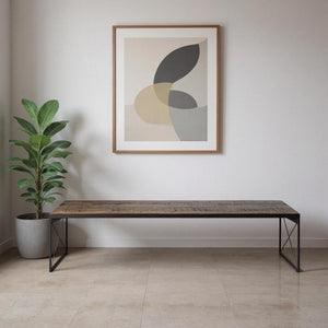 66" Brown And Black Metal and Solid Wood Bench