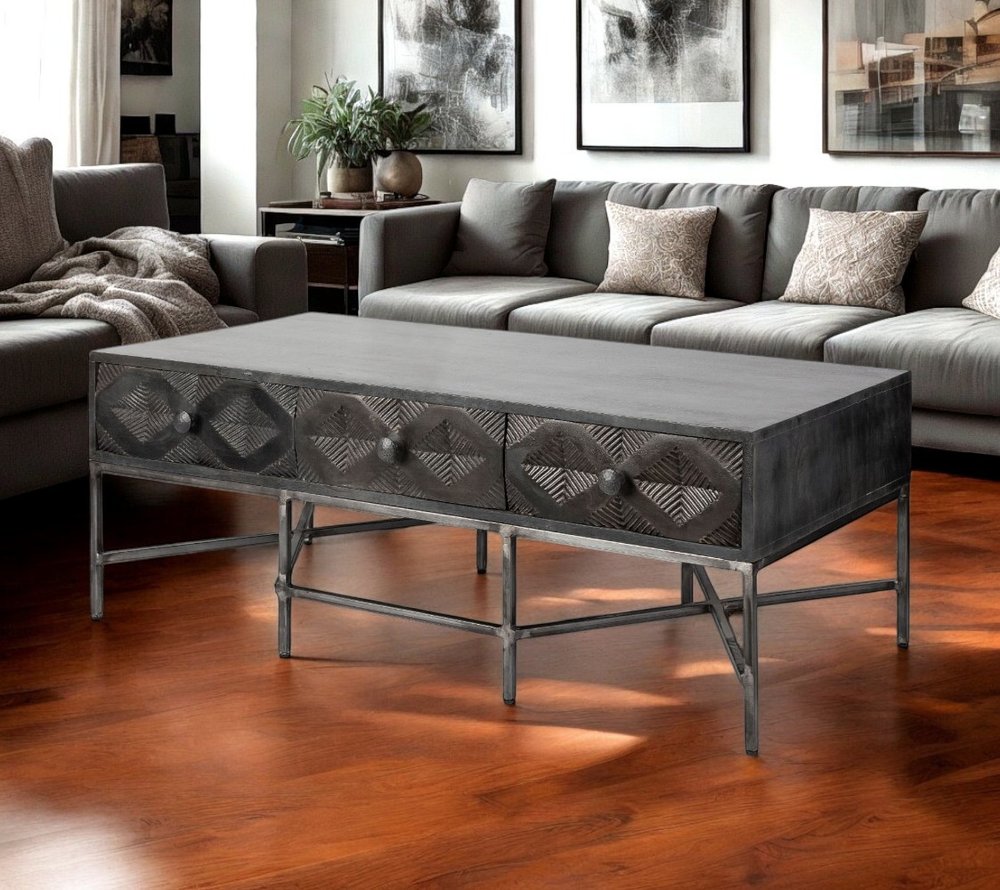 24" Brown Wood Coffee Table With Three Drawers